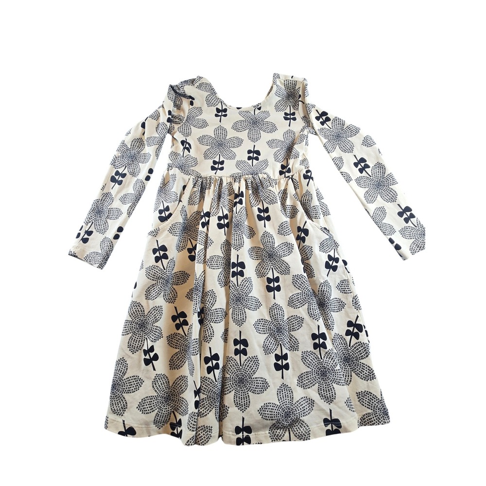 Hanna Andersson Girls Size 8 130cm Floral Long Sleeve Skater Dress Cream Navy